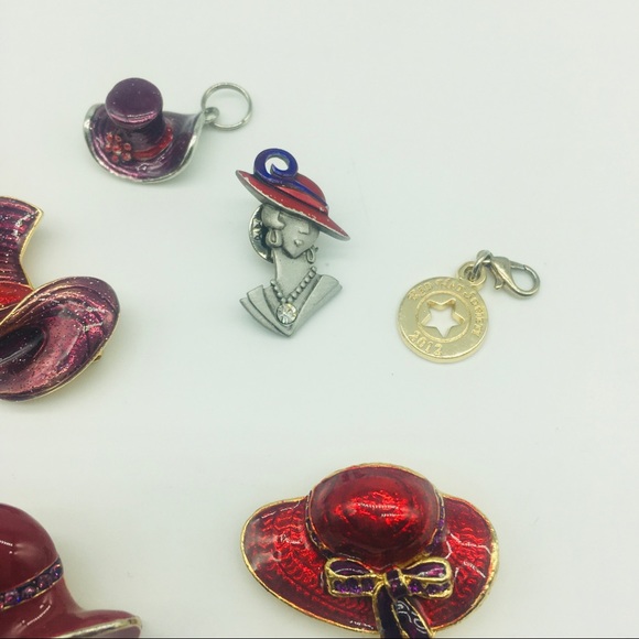 Fun Lot of Red Hat Society Pin Rhinestones Feathers Brooch Lot 8 items J17 - Picture 4 of 8